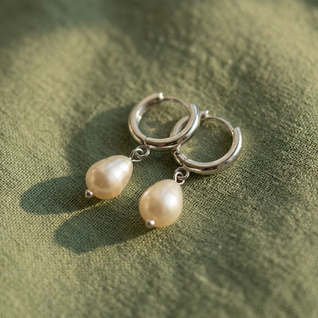 Silver hoop earrings with pearl drops on a green fabric background