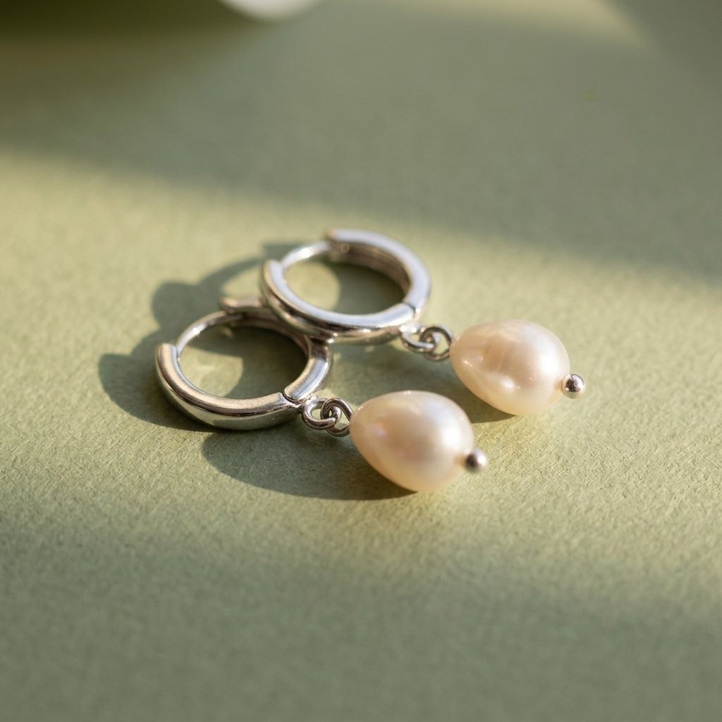 Silver hoop earrings with pearls on a light green surface