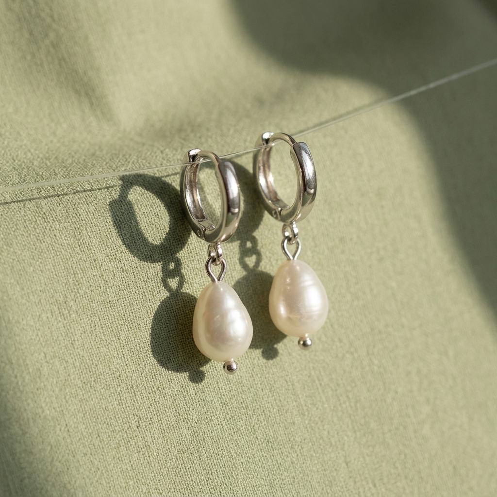 Silver hoop earrings with pearl drops on a green fabric background