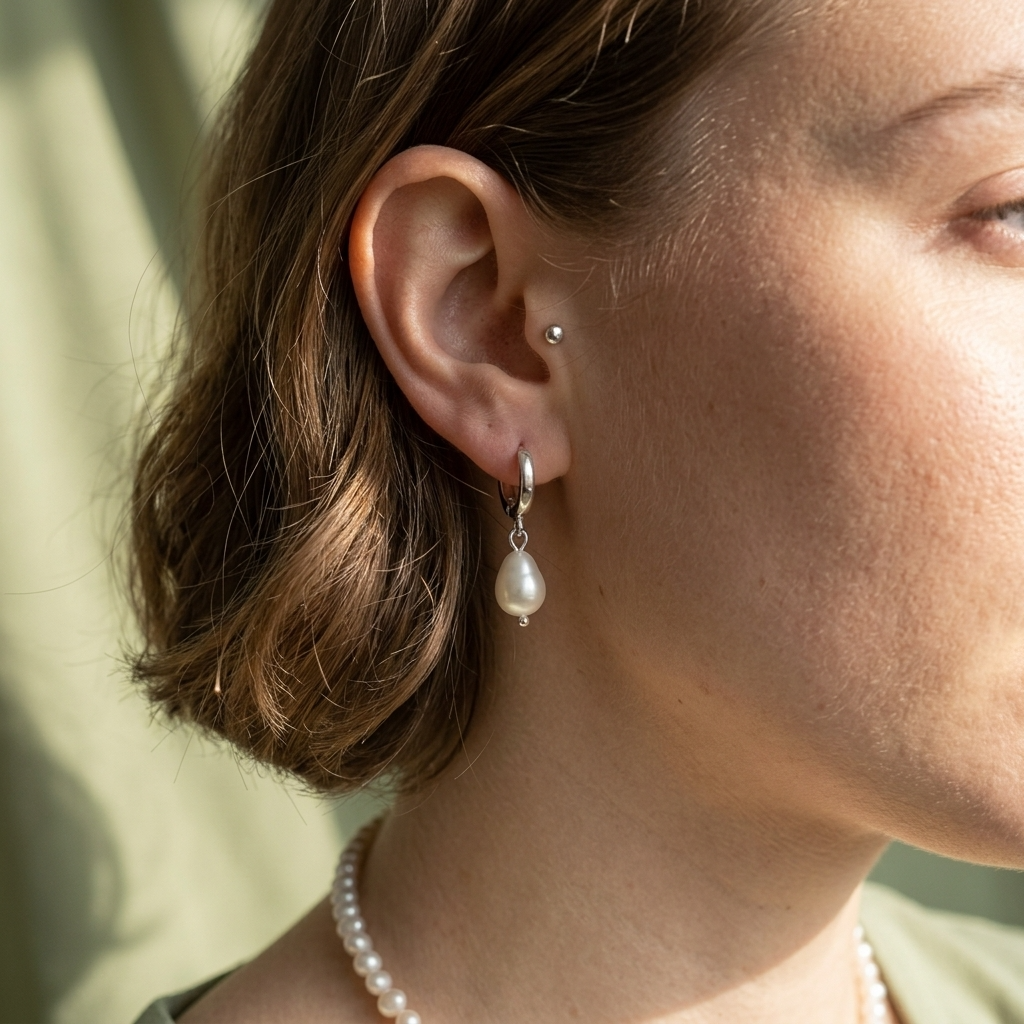 Close-up of a person wearing a pearl earring with a blurred background