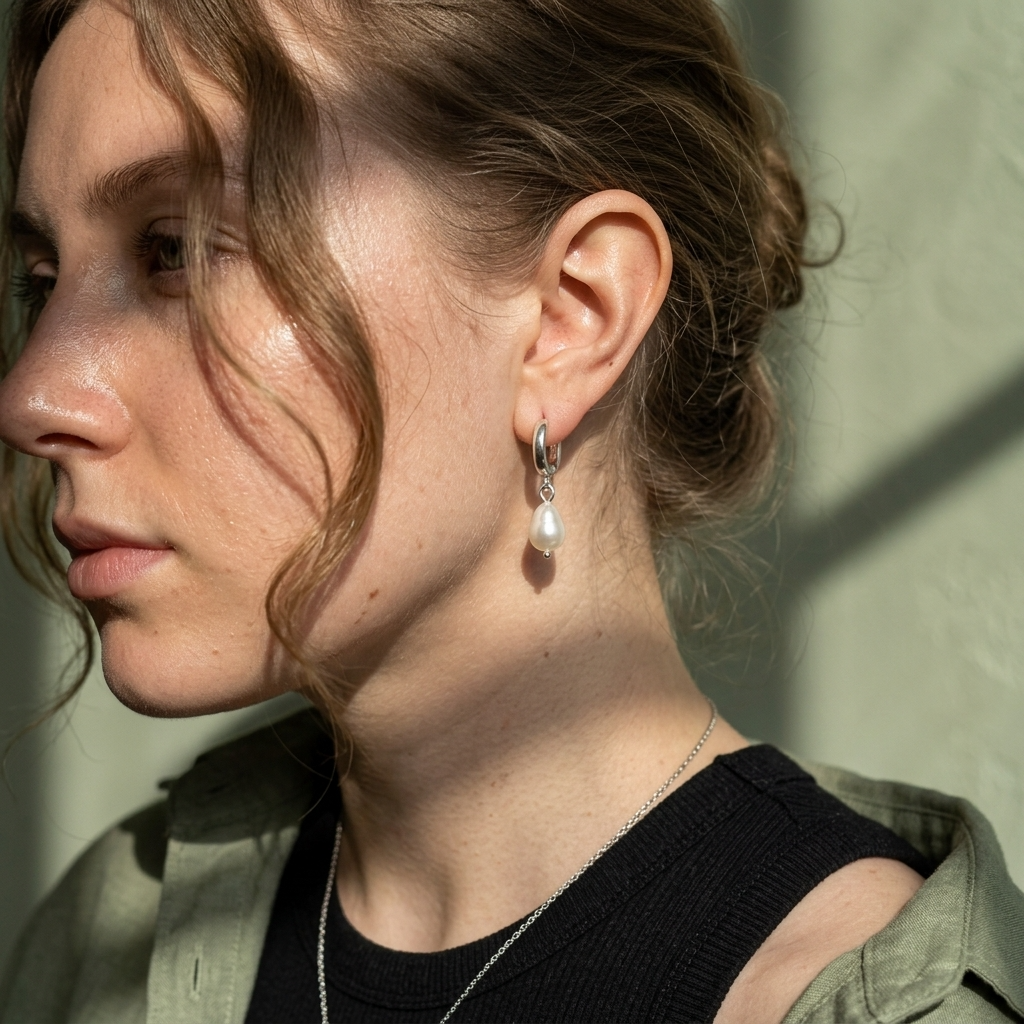 A person wearing a pair if pearl drop earrings. 