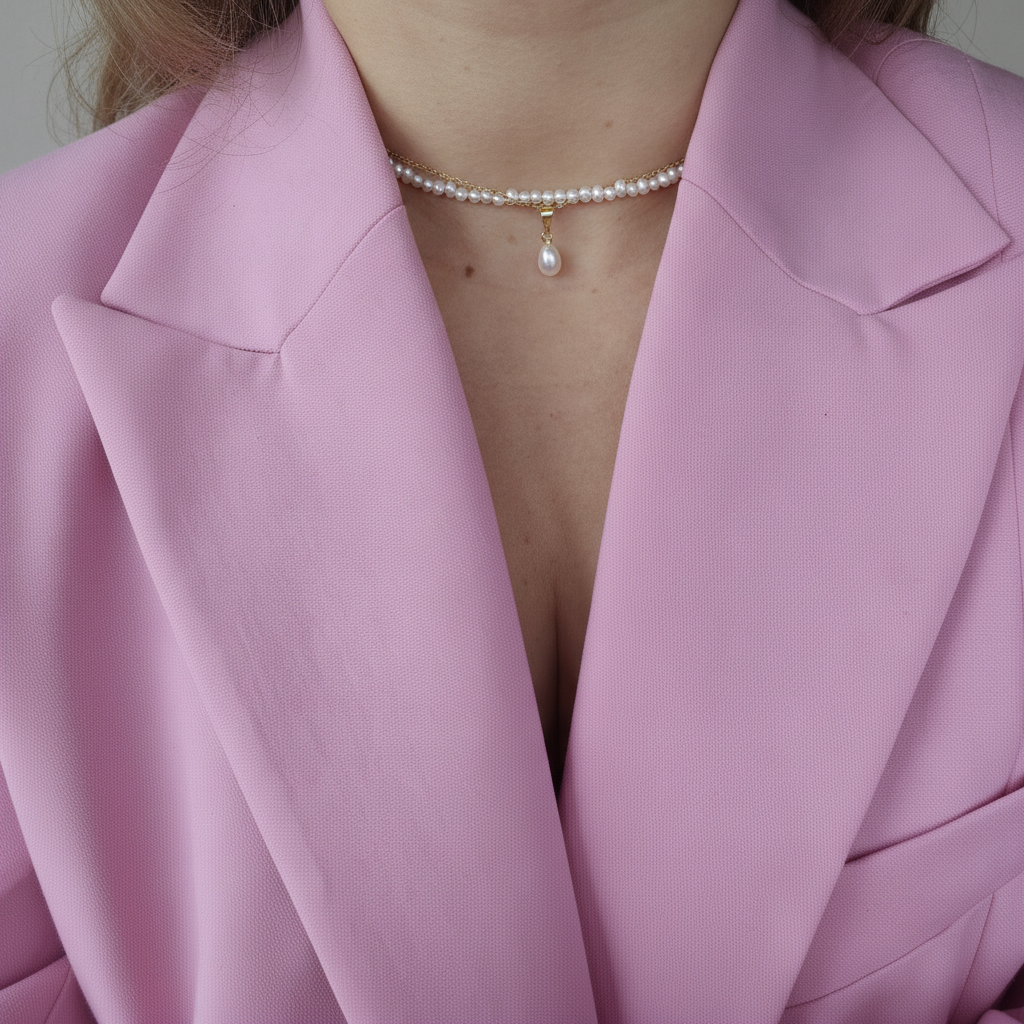 Person wearing a pink blazer with to layered pearl necklaces.