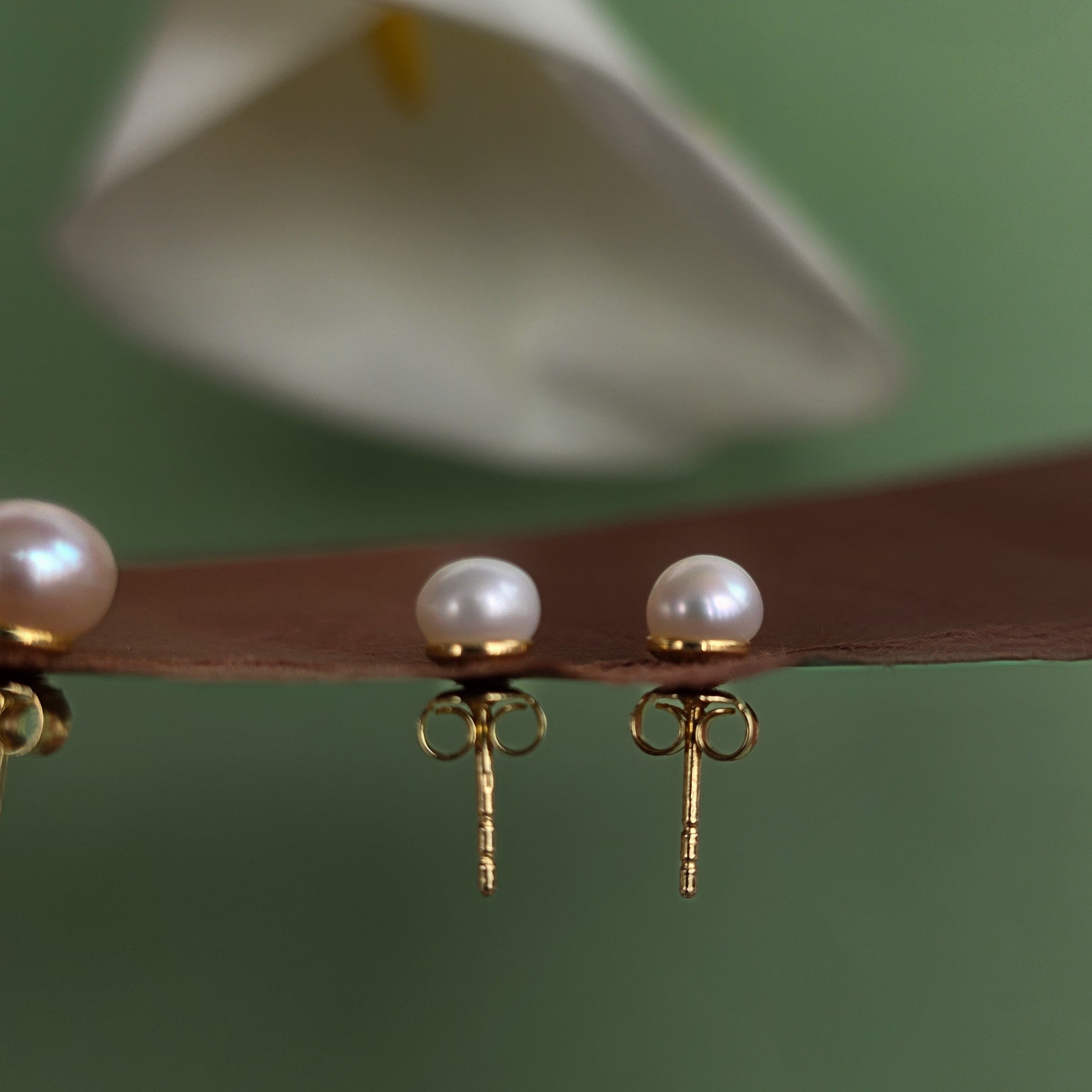 Pearl earrings with gold posts on a green background