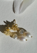 Gold earrings with real pearls on a light textured paper background