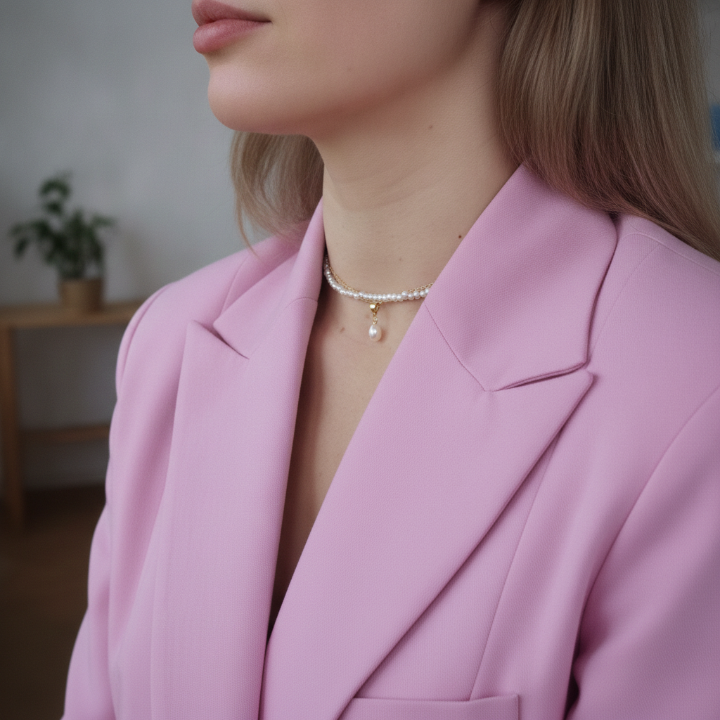 Person wearing layered pearl necklaces and a pink blazer with a blurred background.