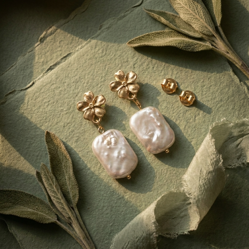 Gold floral earrings with pearls on a green leafy background