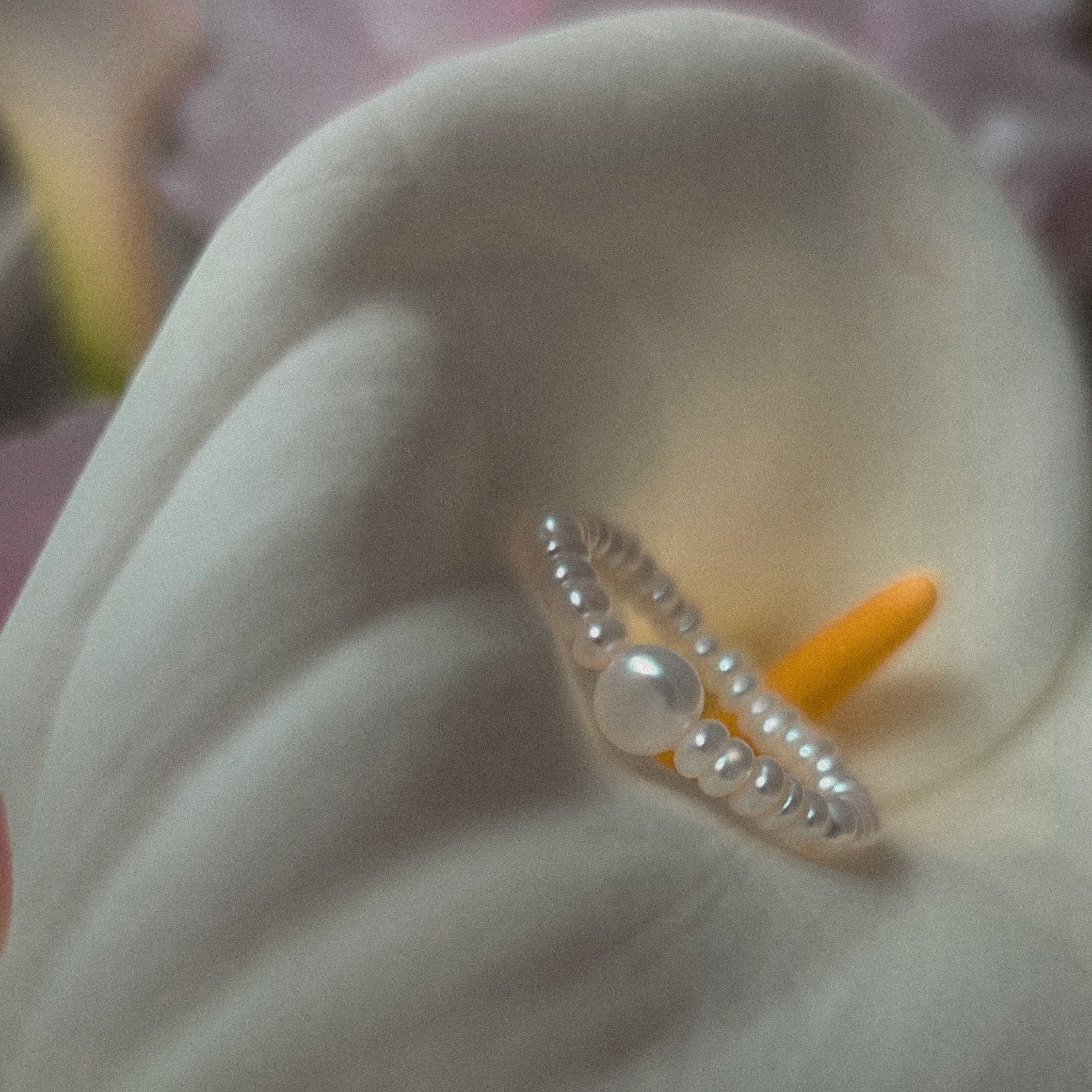 Baroque pearl ring on a white flower.