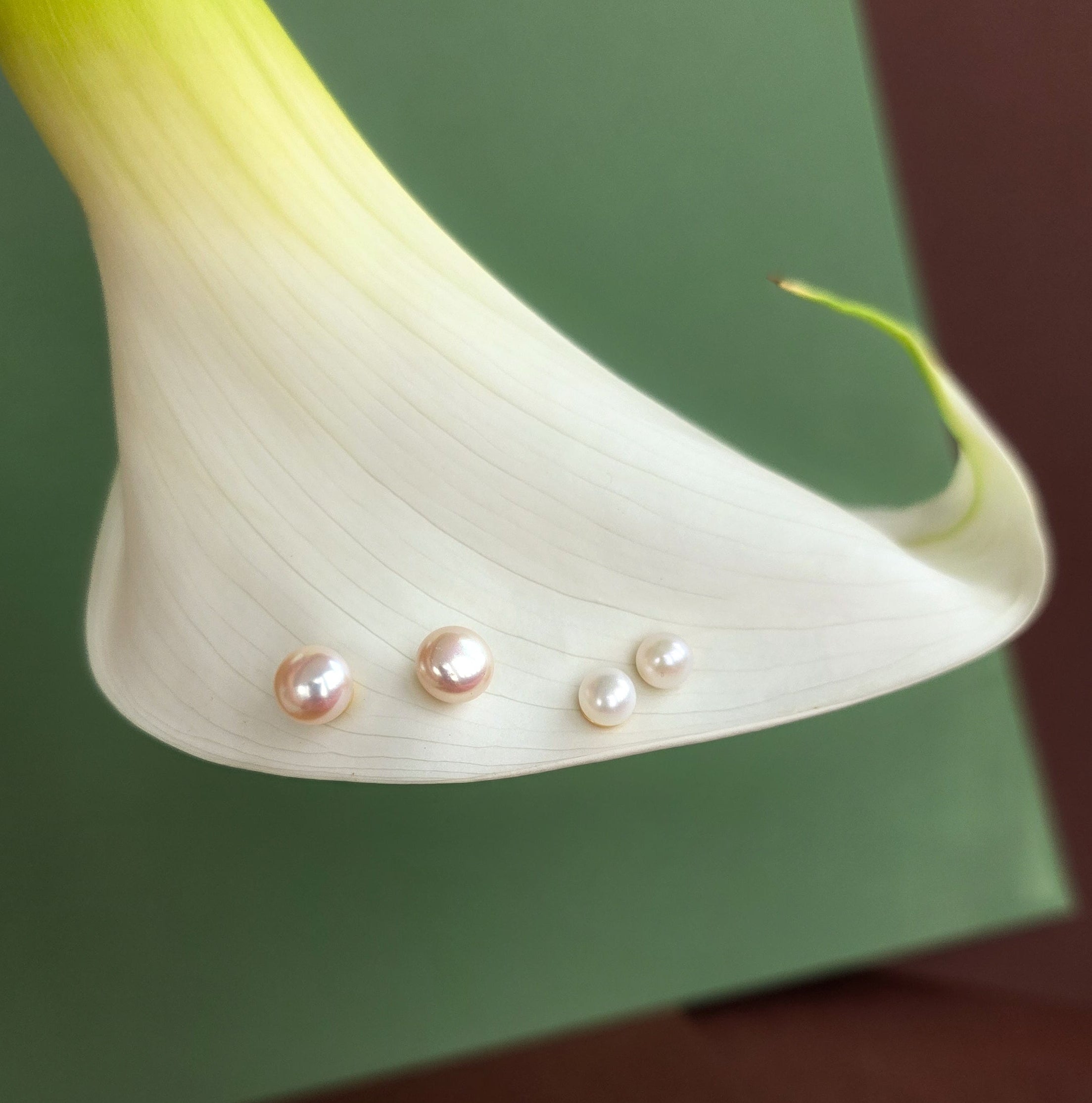 Pearl earrings on a white flower against a green background