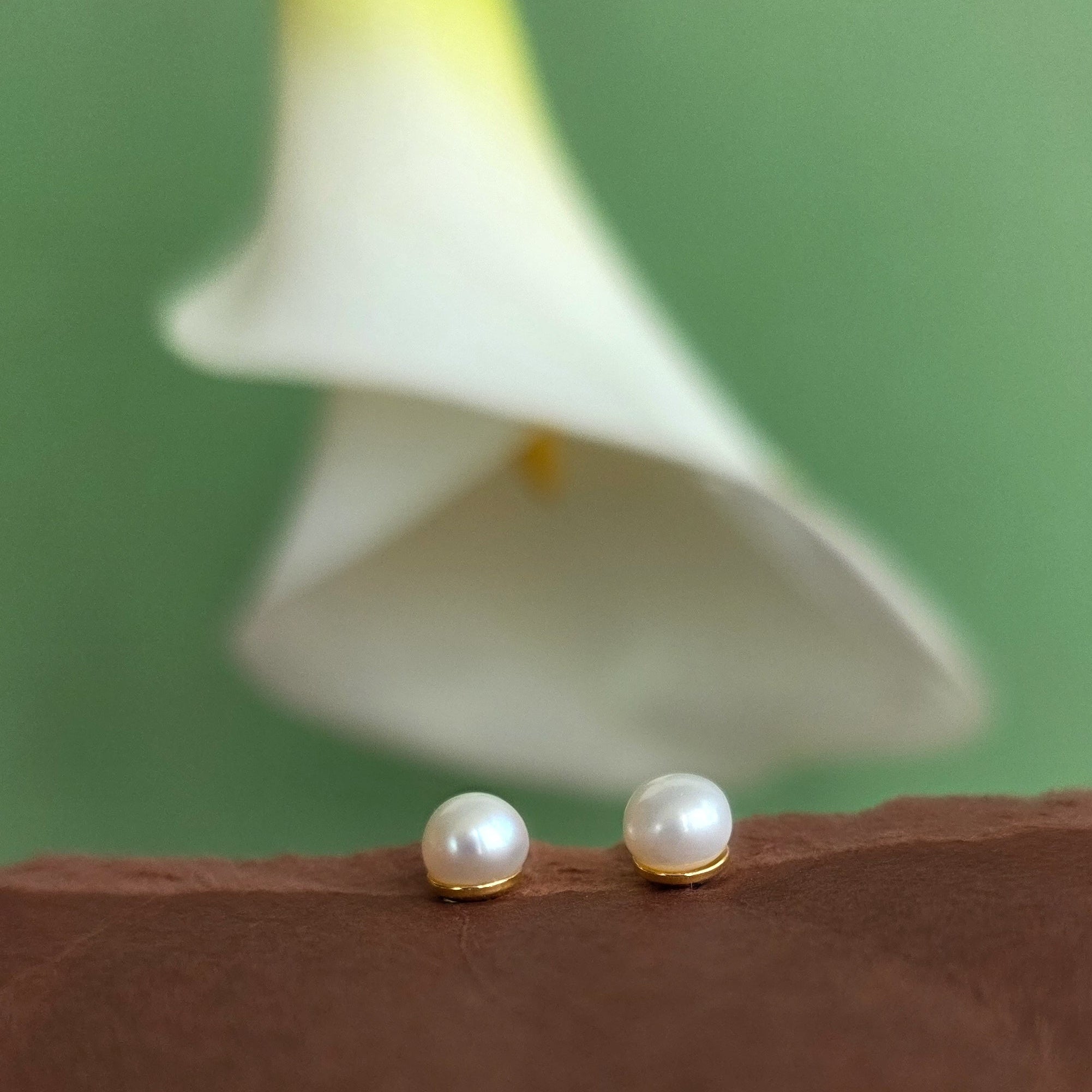 Pearl earrings on a brown surface with a blurred white flower in the background.