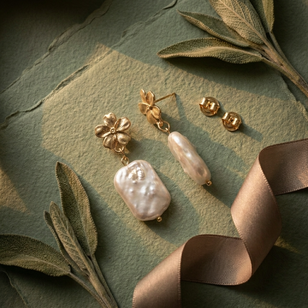 Gold earrings with pearls on a green surface with leaves and ribbon