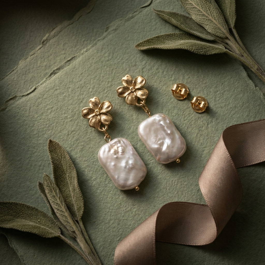 Gold floral earrings with baroque pearls on a green textured surface with leaves and ribbon.